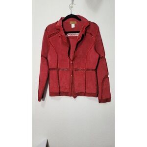 S.M.H. Boutique Red Suede Leather & Crochet w/ Beads Jacket Top SZ S